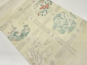 花々に格子模様織出し名古屋帯